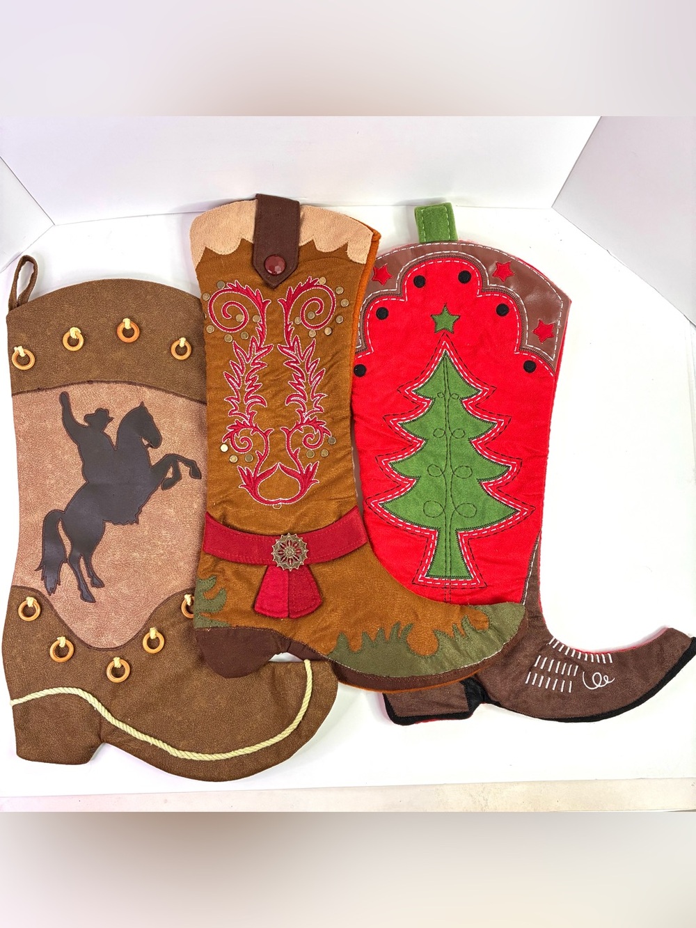 Lot of 3 Cowboy Boot Christmas Stocking Southwestern Decor Rodeo
